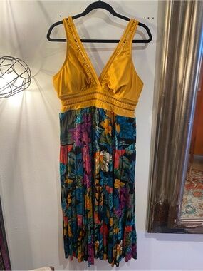 OOAK Upcycled Swim top Yellow V-Neck Tropical Maxi Dress